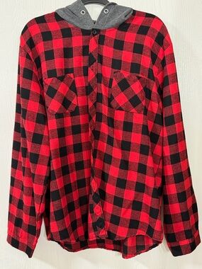 Red & Black Buffalo Plaid Hooded Flannel Shirt